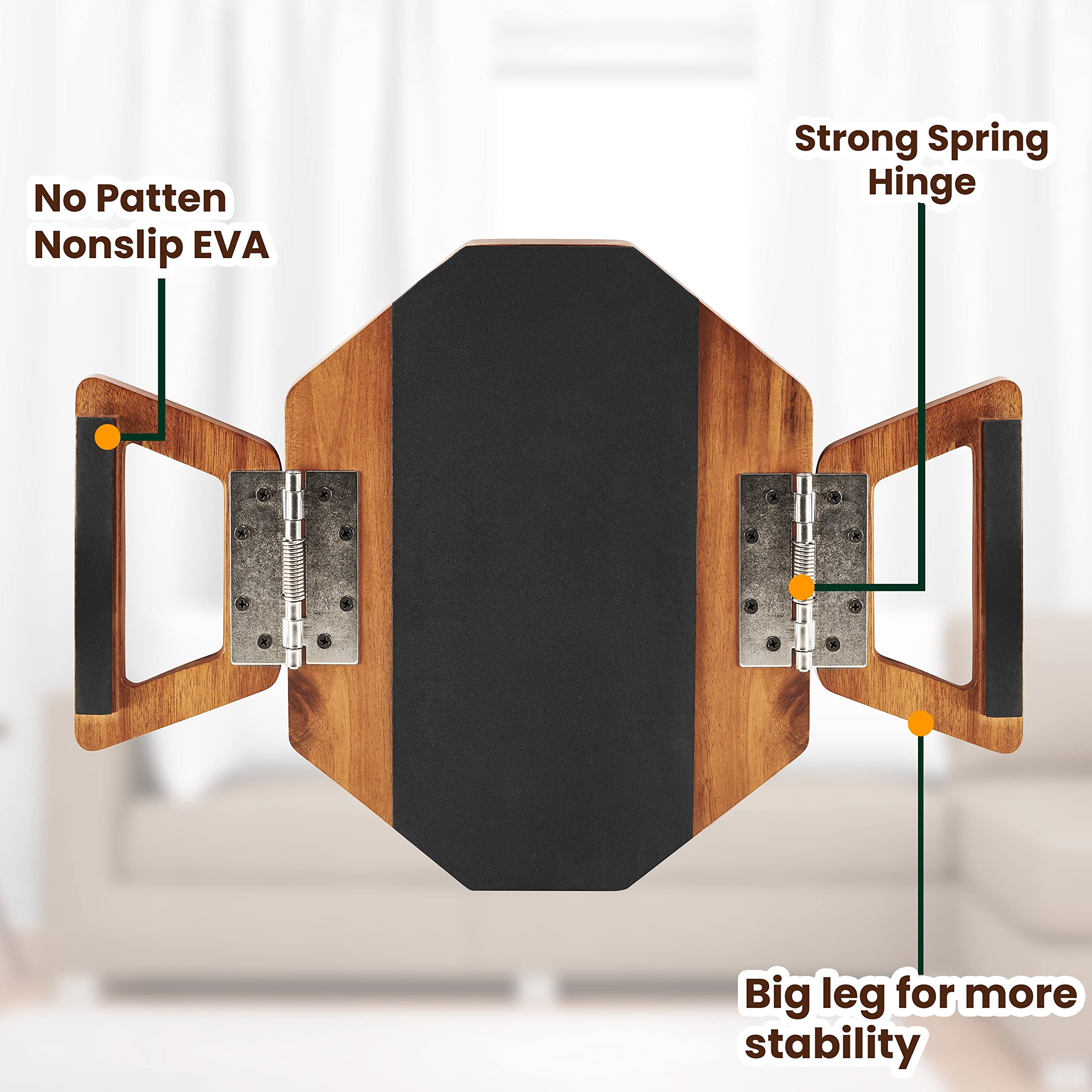 Tinamo octagonal acacia sofa arm tray with spring hinges demonstrates secure grip on arm.