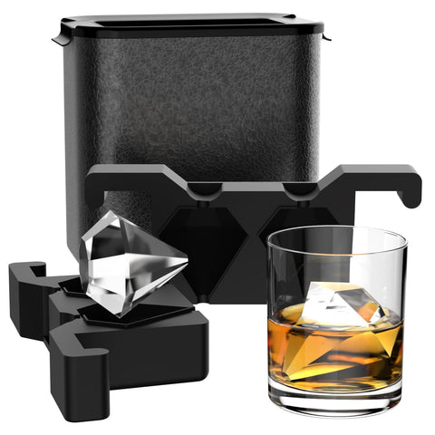 Tinana clear diamond ice cube tray with two crystal-clear cubes for whiskey.
