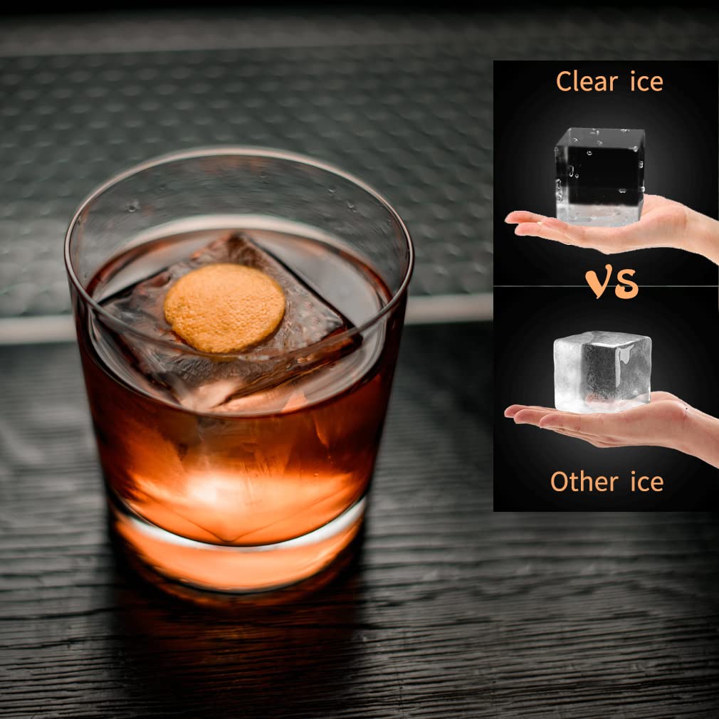 TINANA upgrade shows large square ice cubes for premium whiskey presentation.