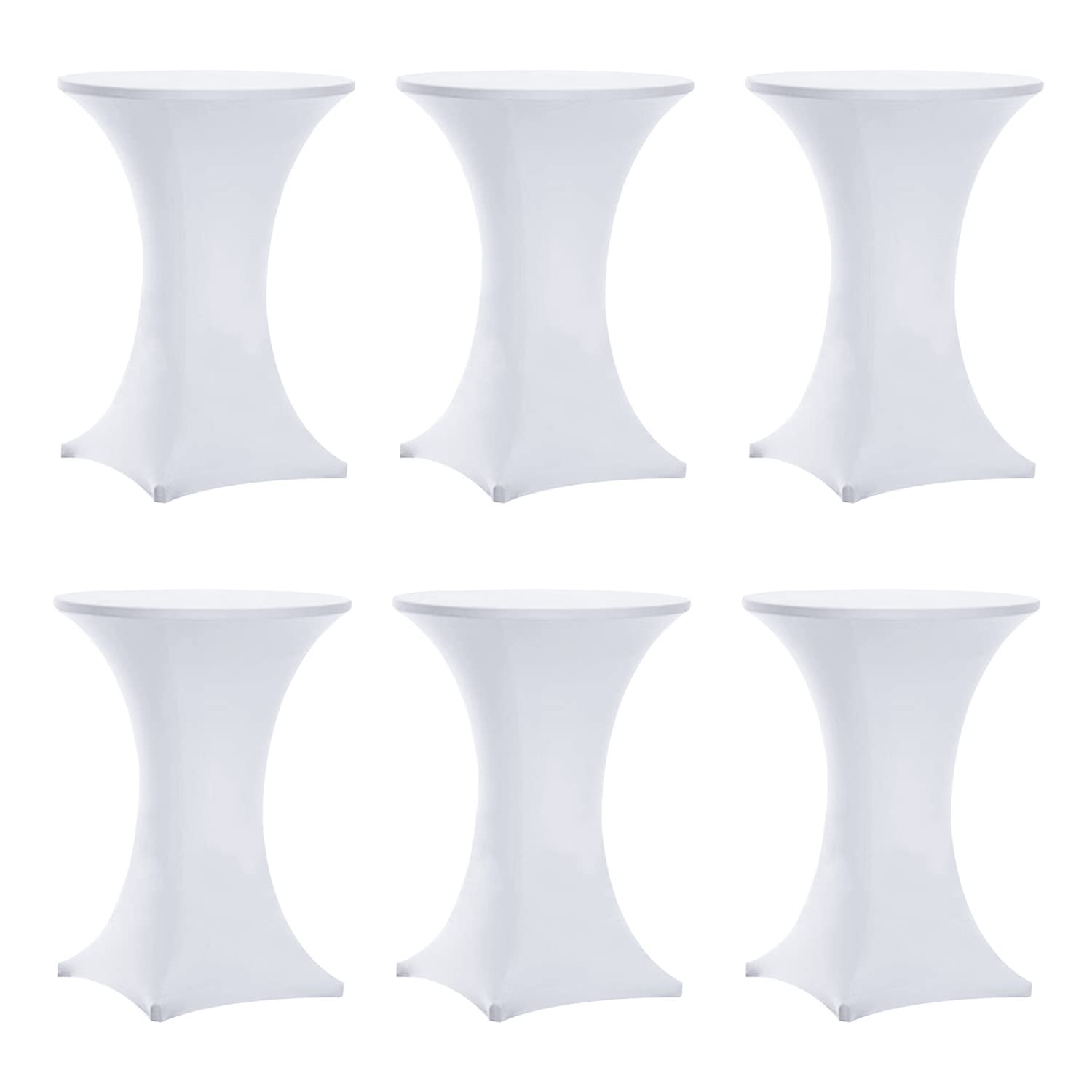 Tina's 6-pack highboy table cover in white offers a sleek, reusable event backdrop.