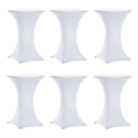 Tina's 6-pack highboy table cover in white offers a sleek, reusable event backdrop.