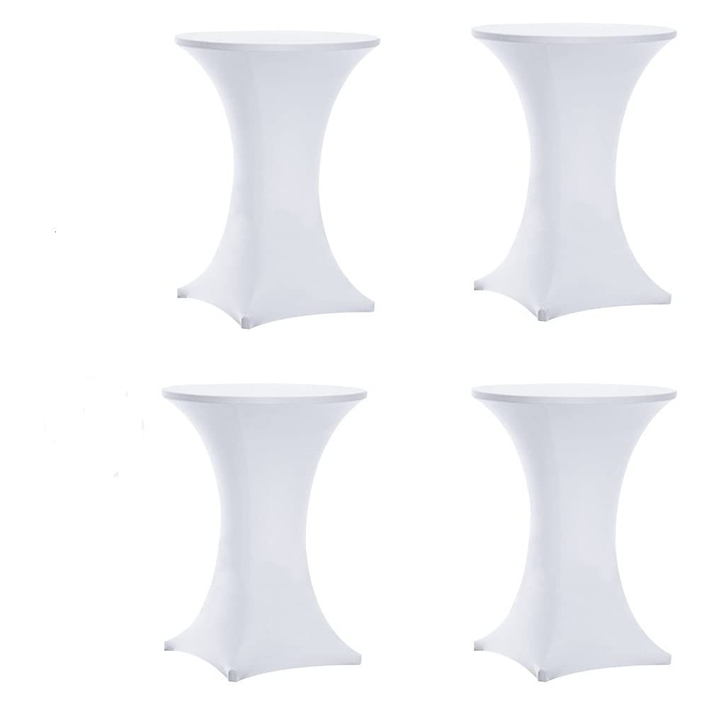 Tina's 4-pack white spandex cover on round 30x42 table, wrinkle-resistant and reusable
