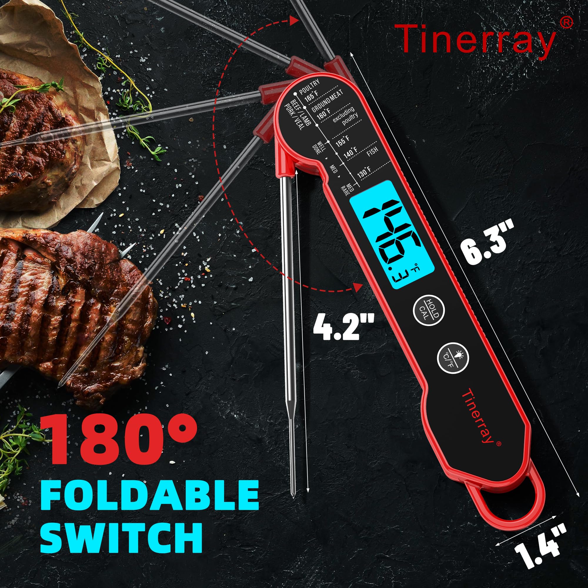Tinerray thermometer backlit display aids reading in dim light.