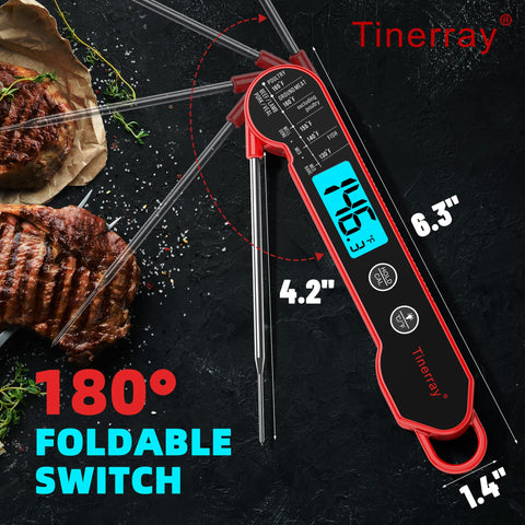 Tinerray thermometer backlit display aids reading in dim light.