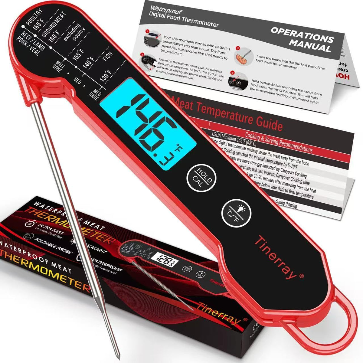 Tinerray digital meat thermometer front view with backlit display for easy reading.