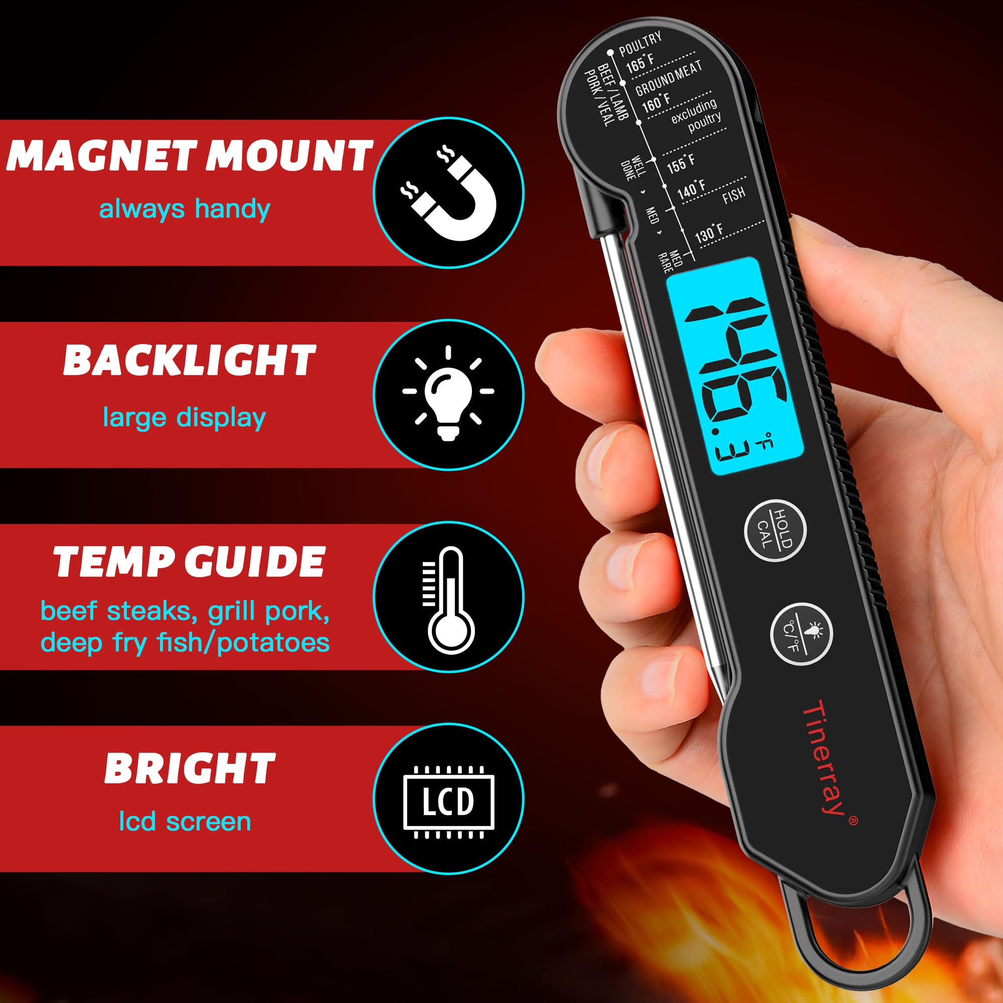 Tinerray thermometer with hold function to lock temperature away from heat