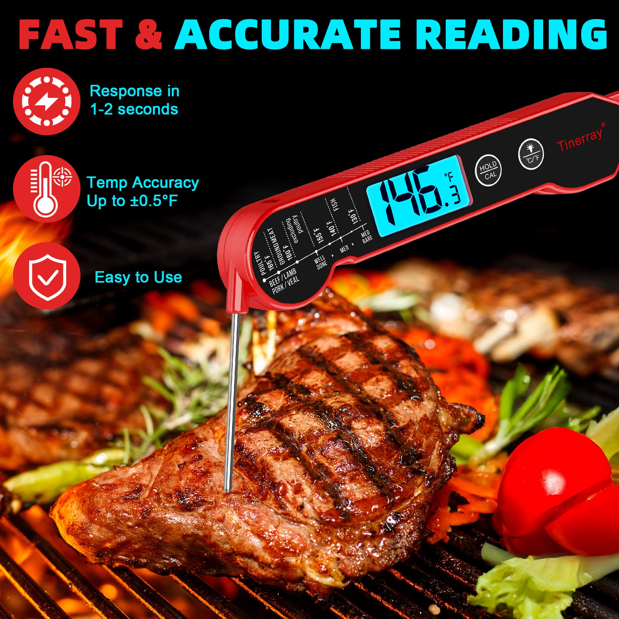 Tinerray digital meat thermometer unfolded-probe for fast temperature checks.