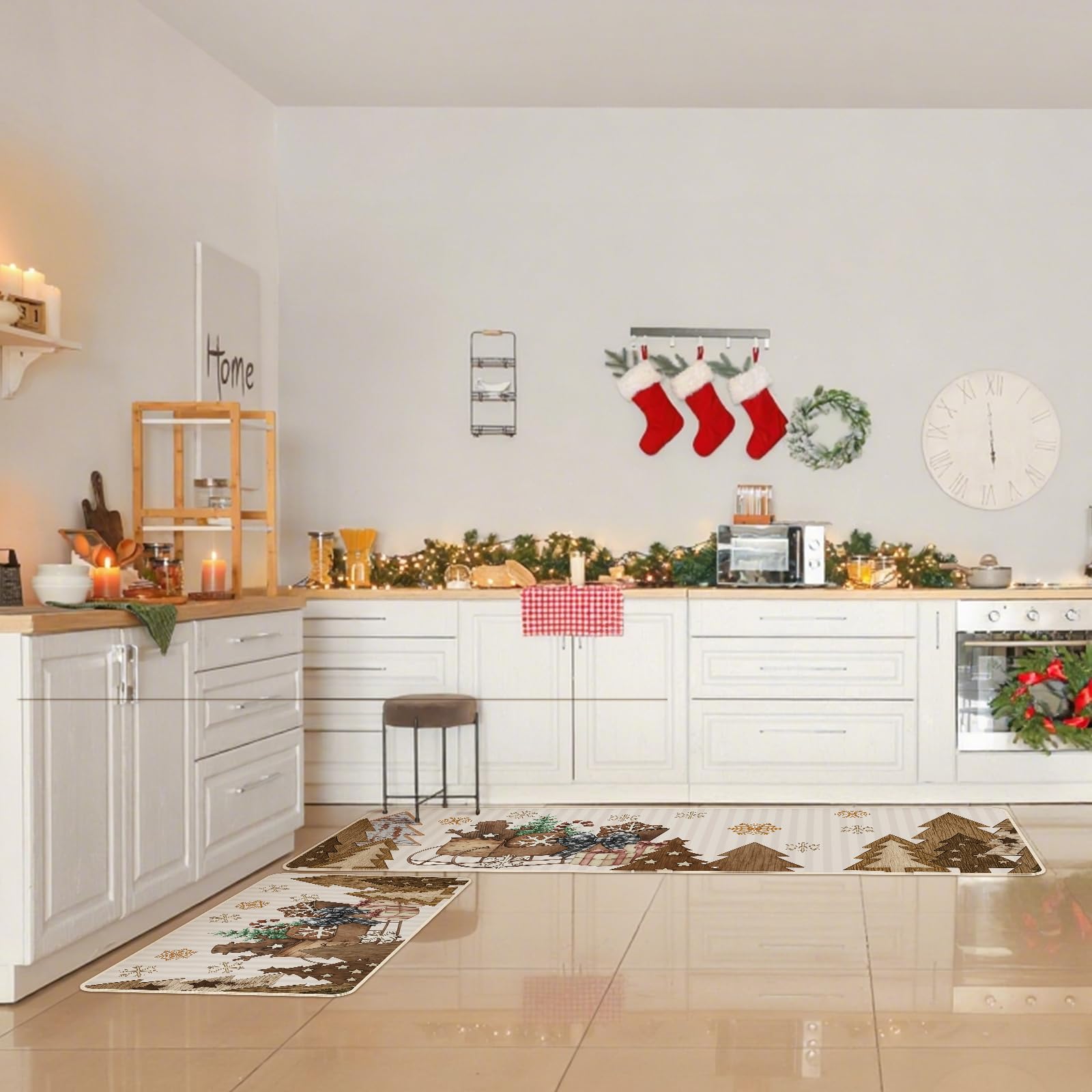 Tinideya farmhouse-decor kitchen mat 17x47 brightens spaces with holiday warmth.