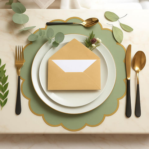 Rolled-edge design on Tinlade sage green placemats