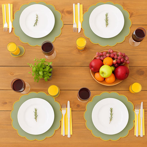 Tea party setup featuring Tinlade sage green placemats