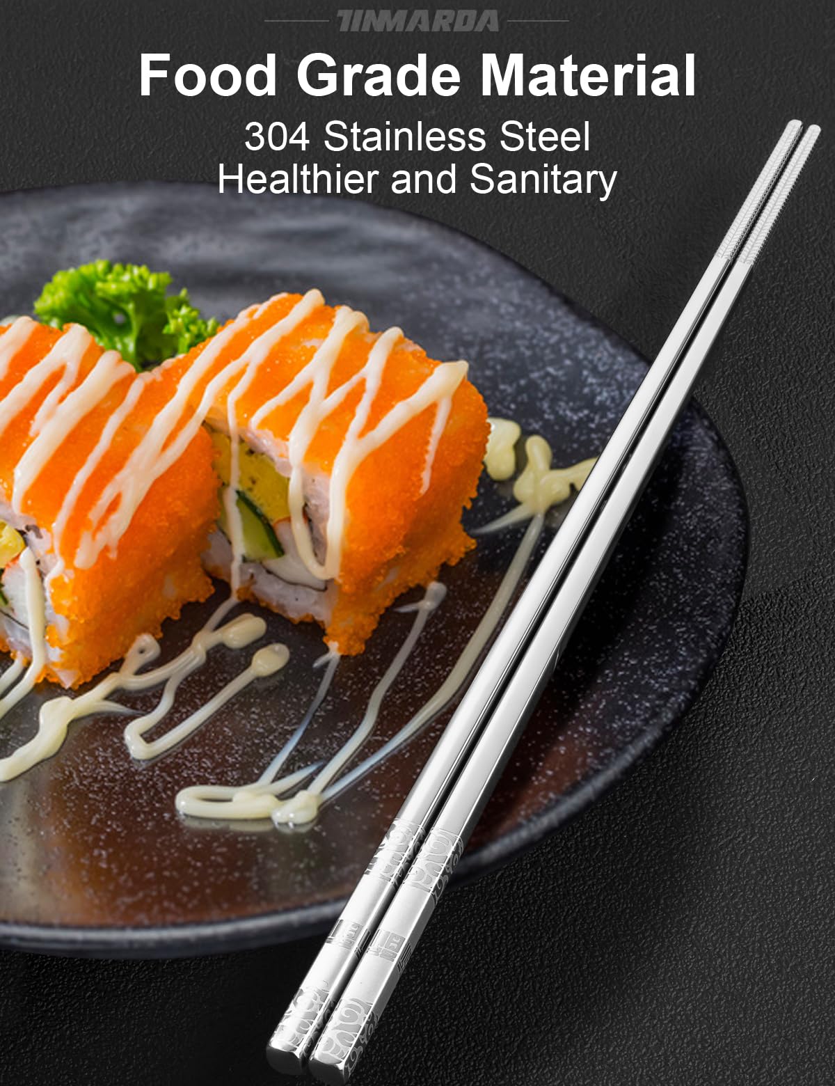 Tinmarda chopsticks feature non-slip tips for grasping food with confidence.