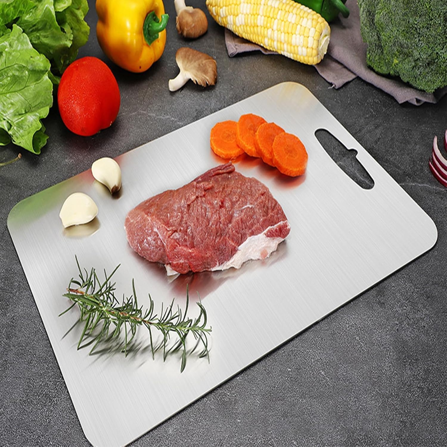 Tiomion 18x12 titanium cutting board back for meat, prevents cross-contact during prep.