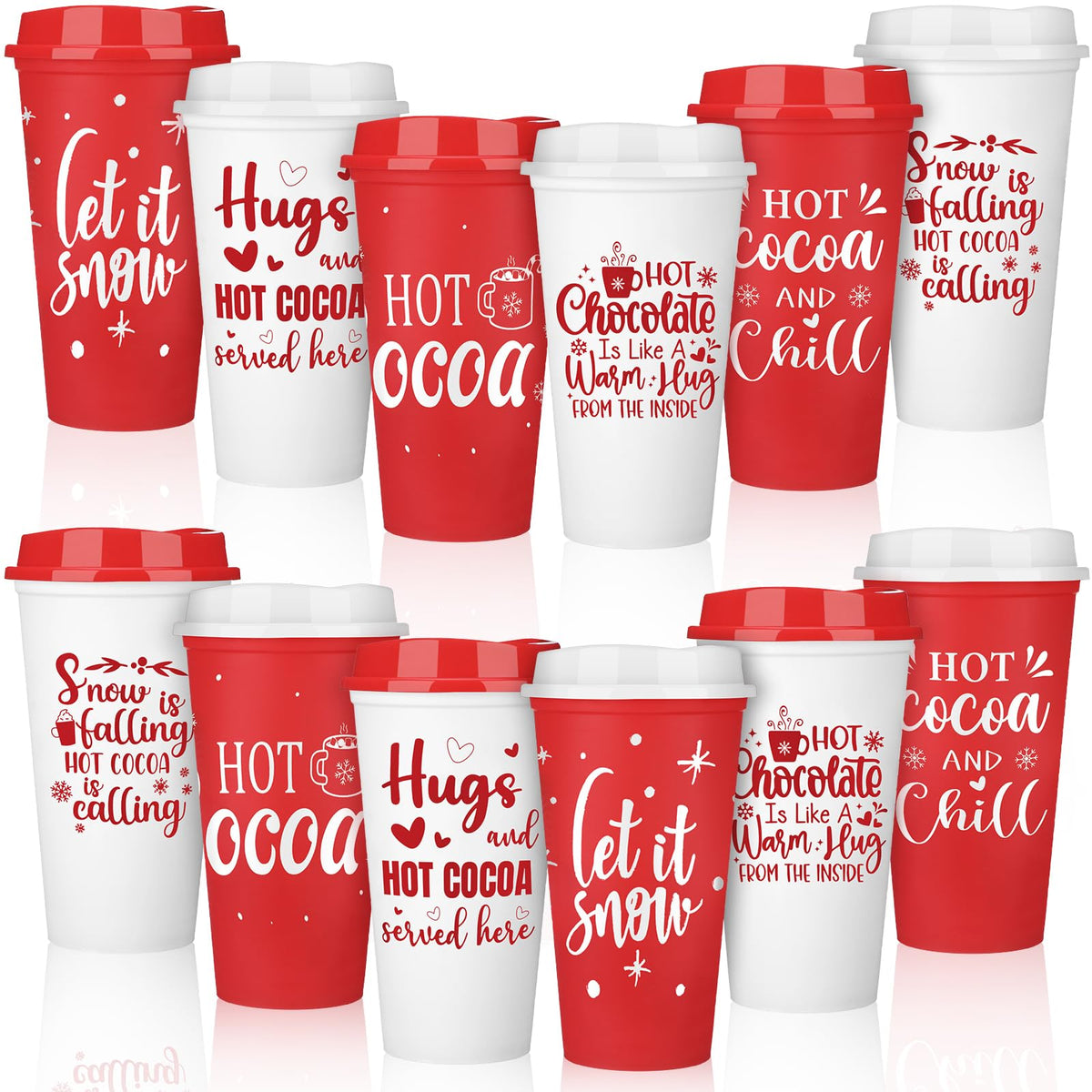 Tioncy 12-pack hot cocoa cups with lids for Christmas celebrations.