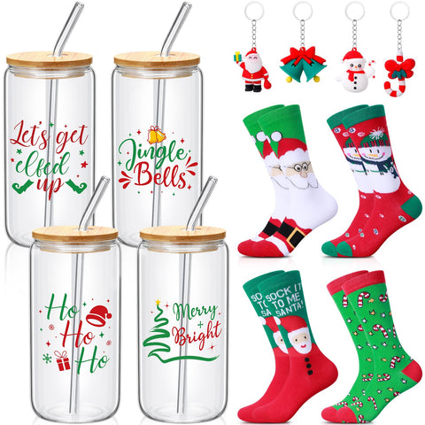 Tioncy Christmas glass cups with festive patterns for tea, cocktails, or water