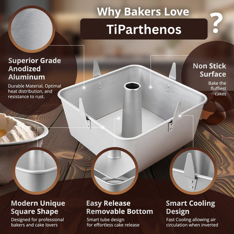 TiParthenos square tube pan smart cooling feet promote proper inverted cooling.