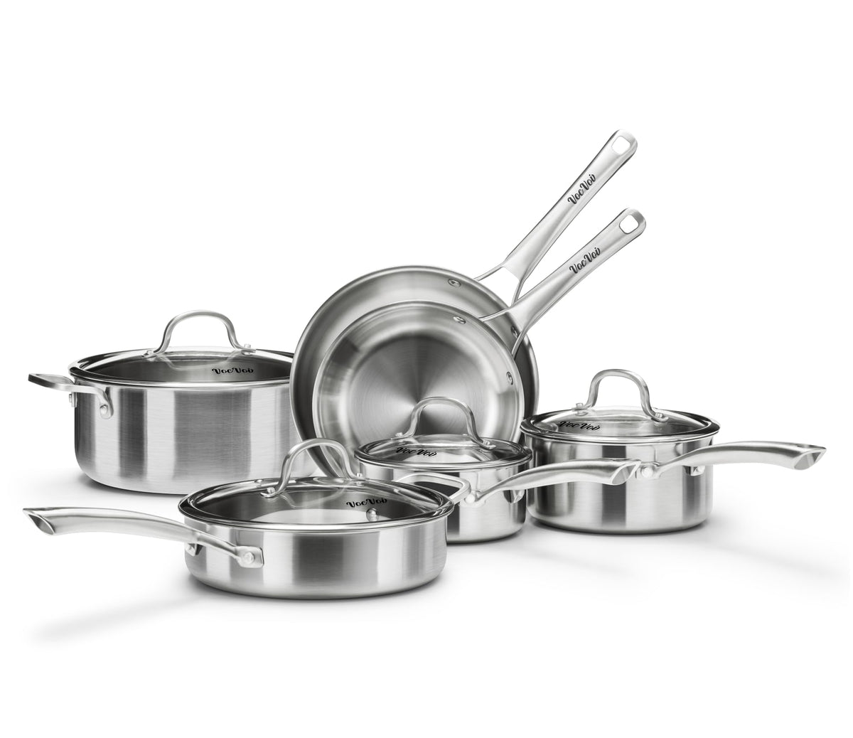 Tir-Ply 8-inch frying pan close-up showing a polished stainless surface for quick searing