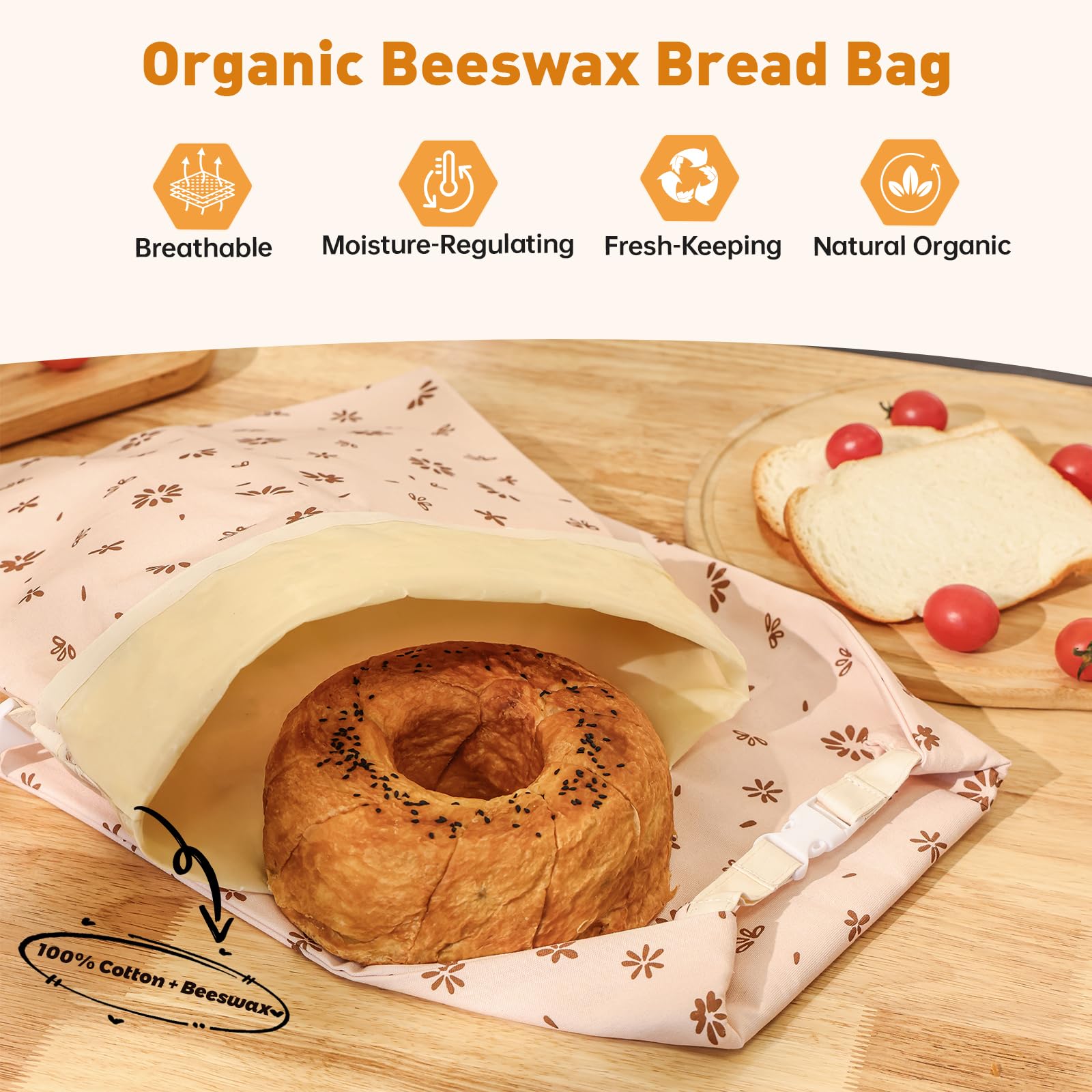 Tirphy beeswax bread bags fabric closeup highlighting breathable natural wax coating.