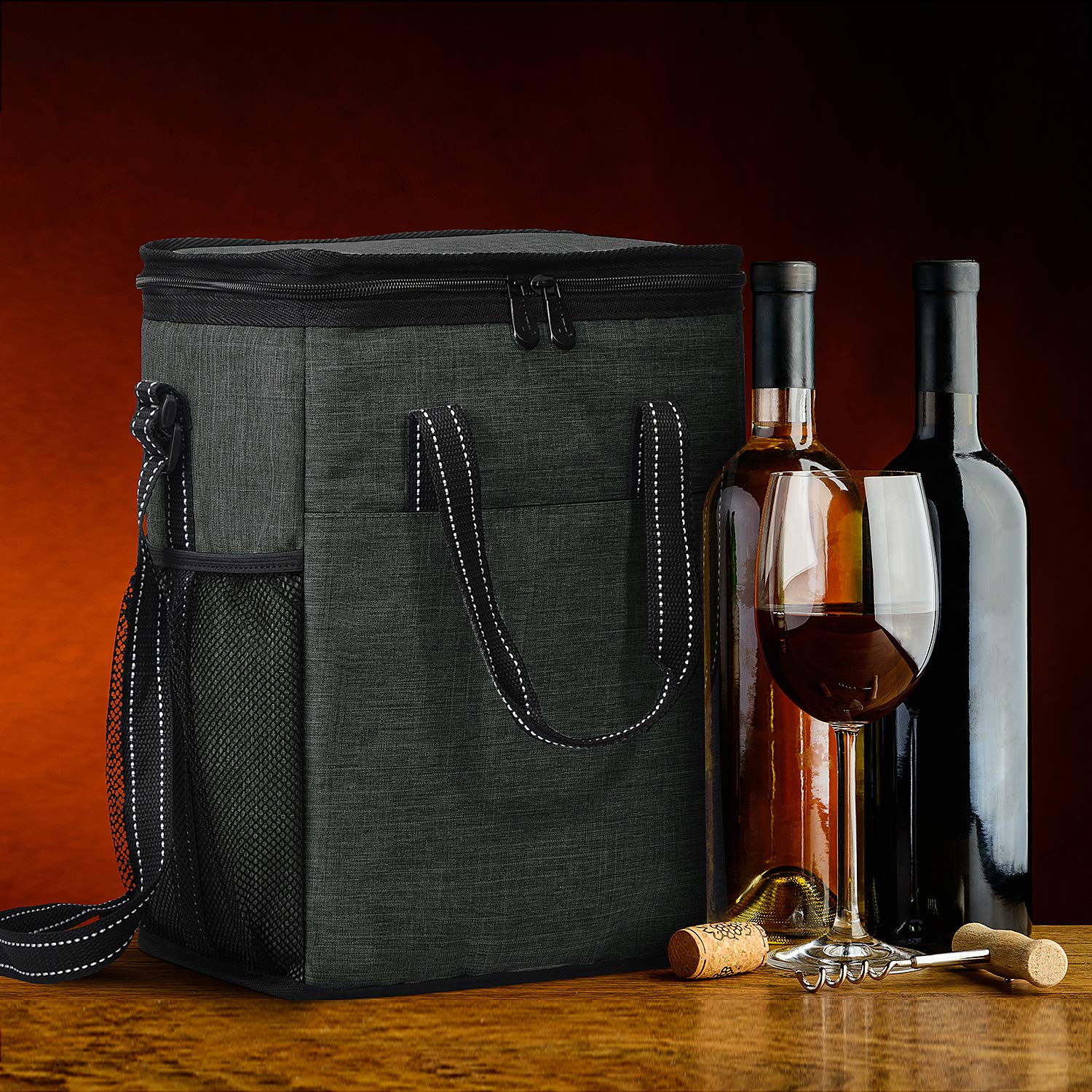 Tirrinia insulated cooler bag holding multiple bottles with ice blocks.