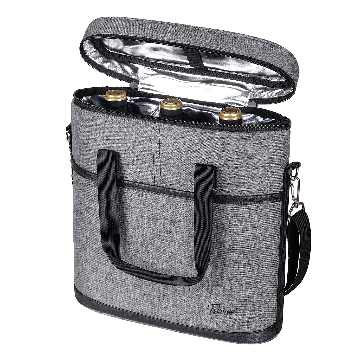 Tirrinia insulated wine carrier front view showing three-bottle capacity for travel.