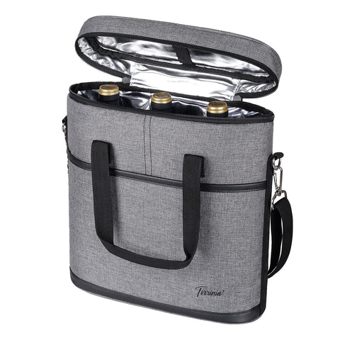 Tirrinia insulated wine carrier front view showing three-bottle capacity for travel.