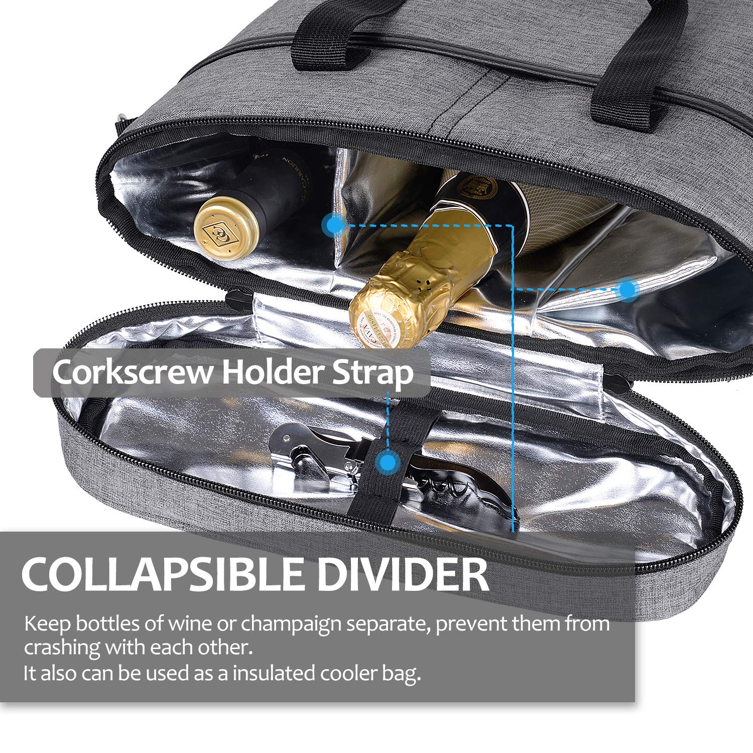 Tirrinia insulated wine carrier with adjustable shoulder strap for easy transport.