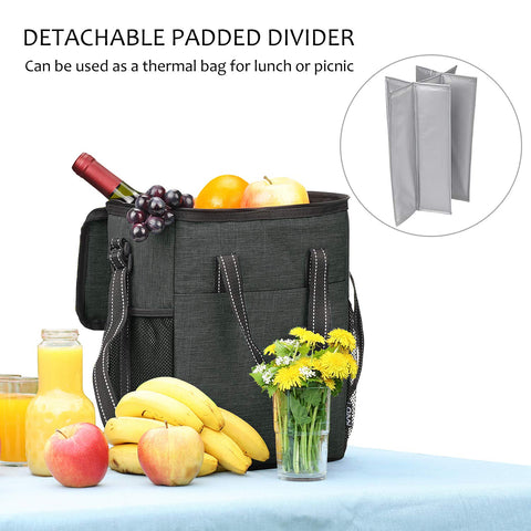 Tirrinia tote features a handle and adjustable shoulder strap for travel.