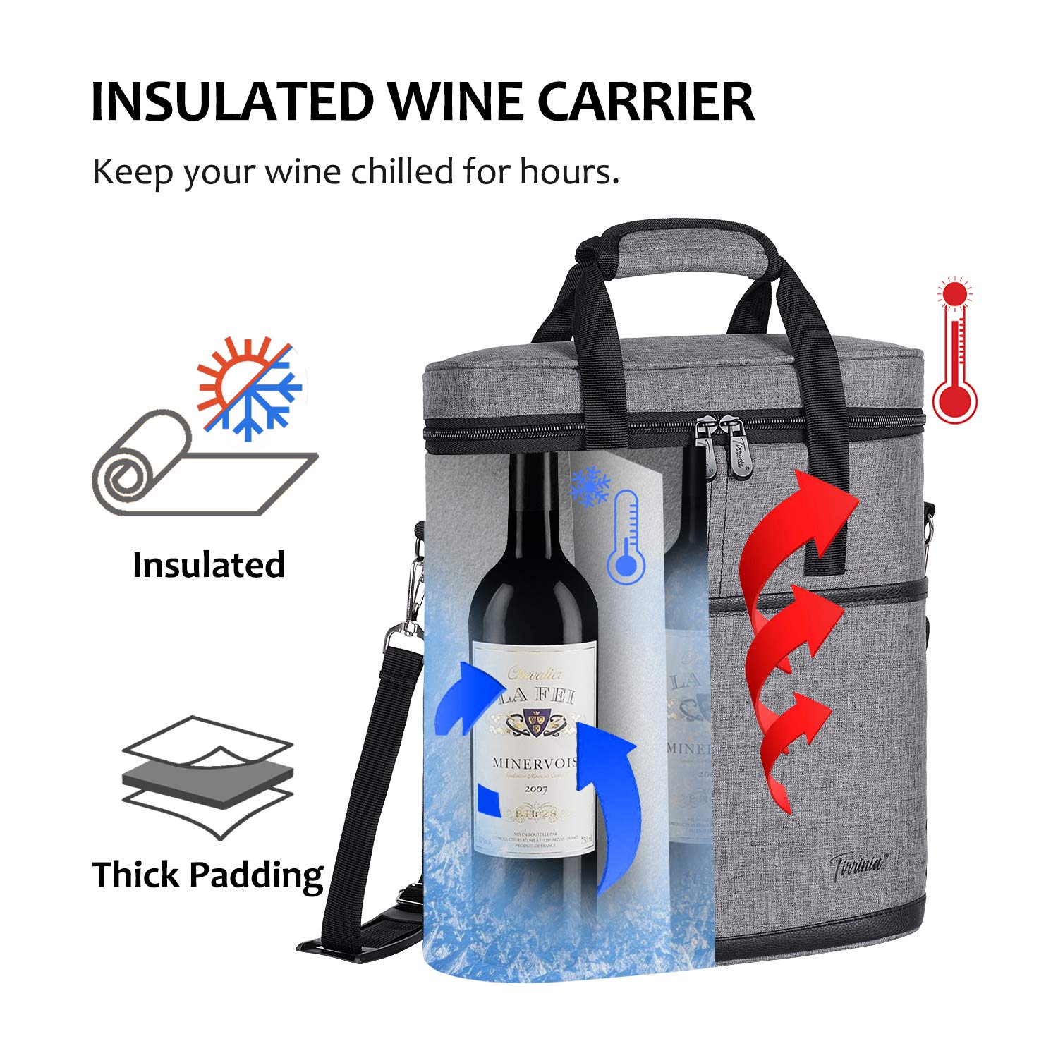 Tirrinia wine carrier interior divider keeps three bottles separated during transit.