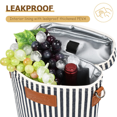 Tirrinia wine tote with leakproof lining protects contents from spills at events.