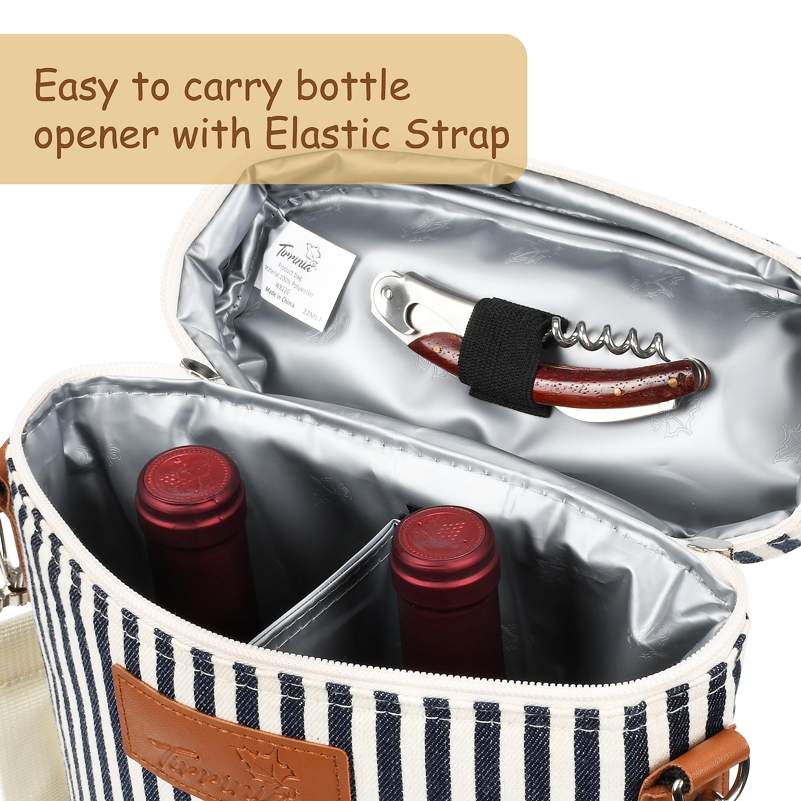 Tirrinia wine tote with padded divider prevents clinking and adds protection.