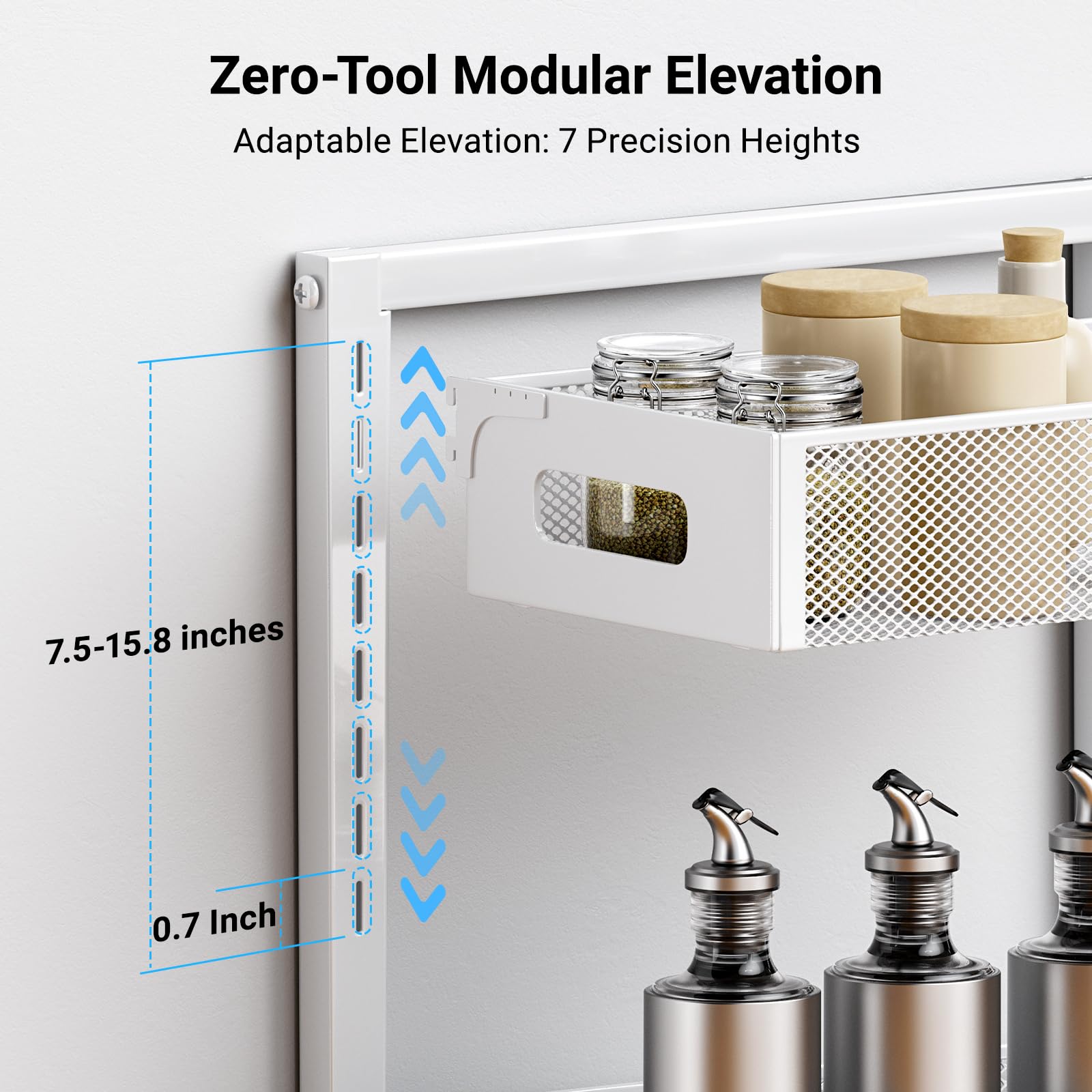 TISTAYA top shelf with hook system demonstrates adjustable height for different items.