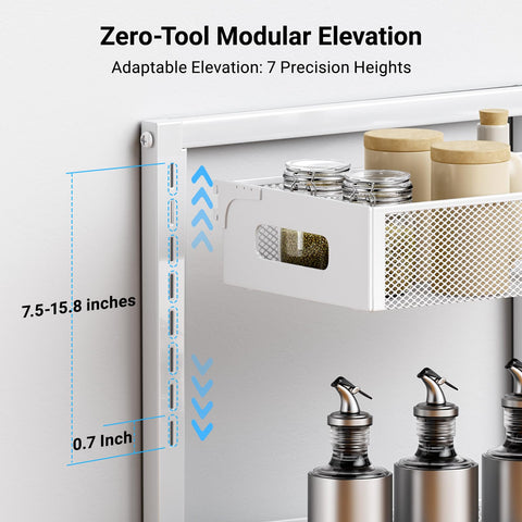 TISTAYA top shelf with hook system demonstrates adjustable height for different items.