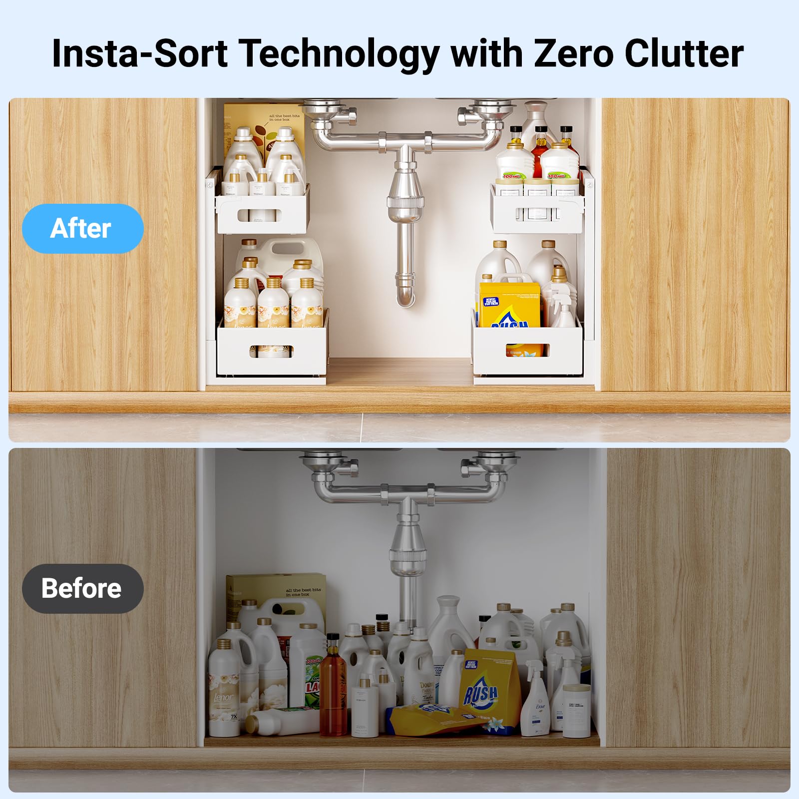TISTAYA organization solution for spices and cleaners on under-sink shelves.