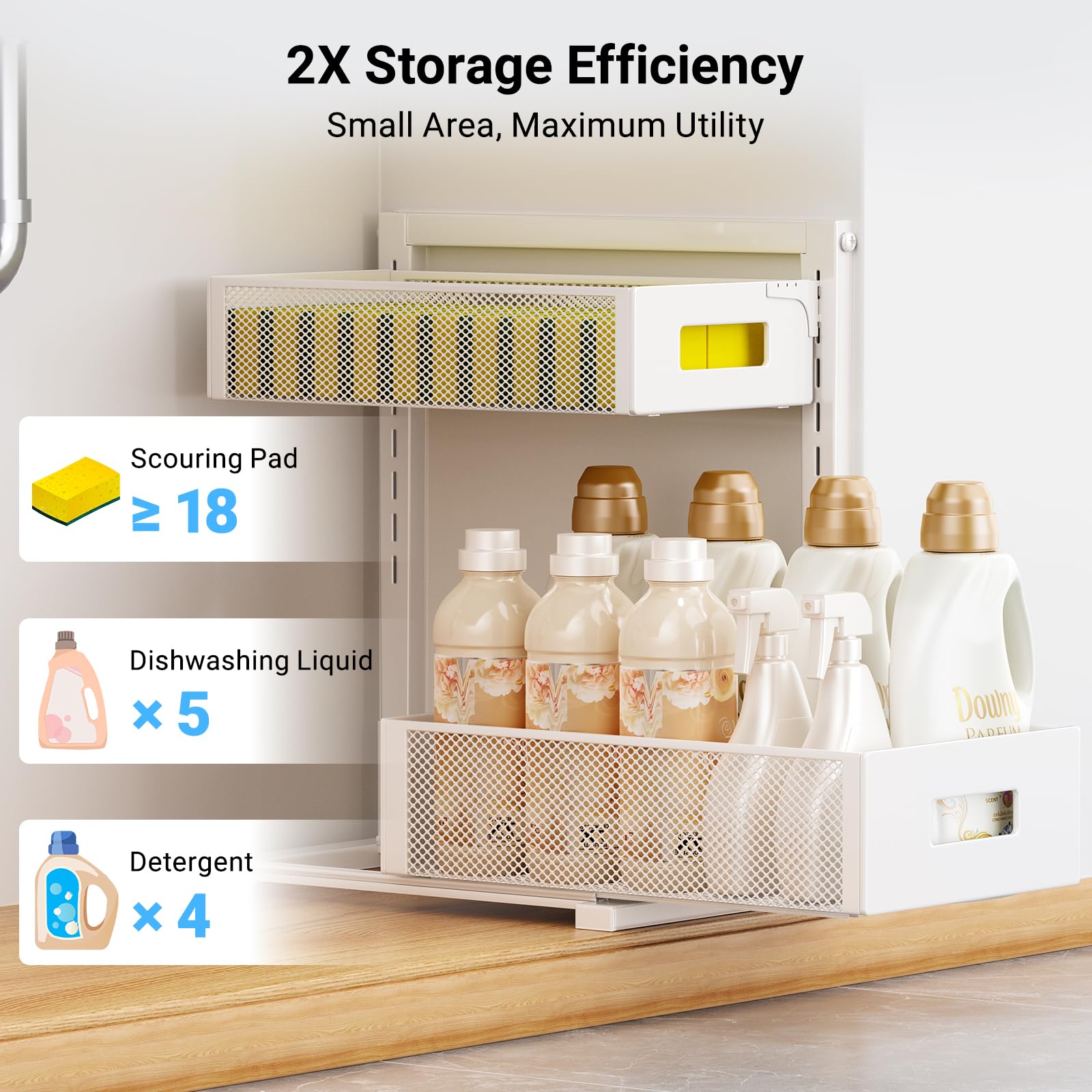 TISTAYA white finish blends with cabinets while keeping items accessible.