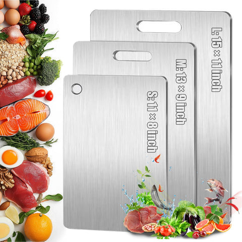 Titanium cutting board set 3 stacked, durable surface for versatile kitchen prep.