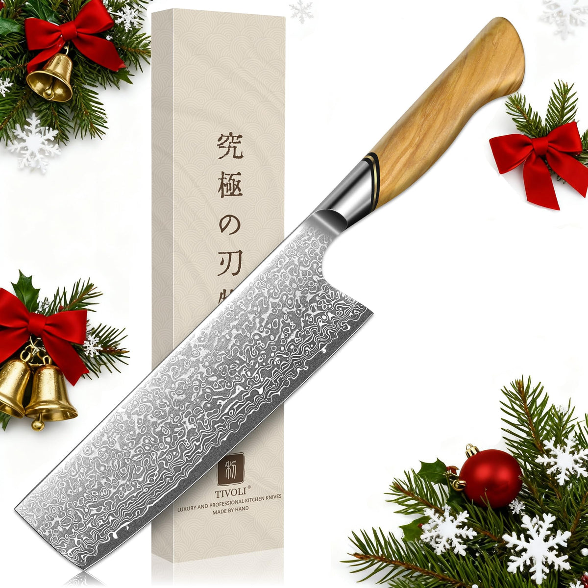 TIVOLI Damascus Nakiri blade close-up for precise vegetable slicing
