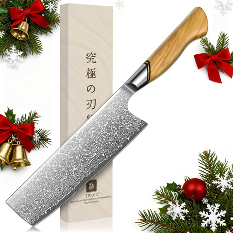 TIVOLI Damascus Nakiri blade close-up for precise vegetable slicing
