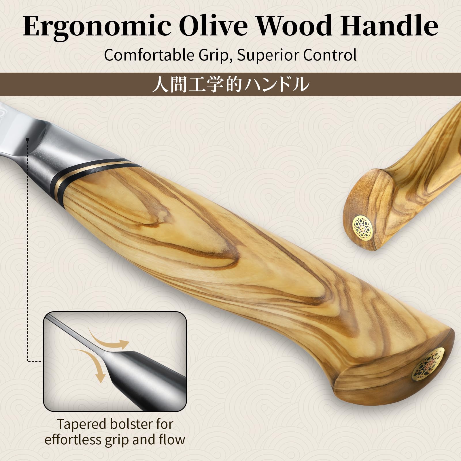 Damascus cladding detail on the Nakiri blade showing durability and style