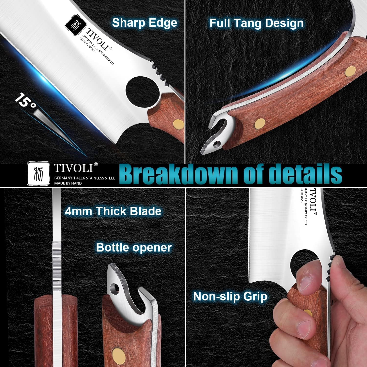 TIVOLI meat cleaver bottle opener end for outdoor grilling convenience.