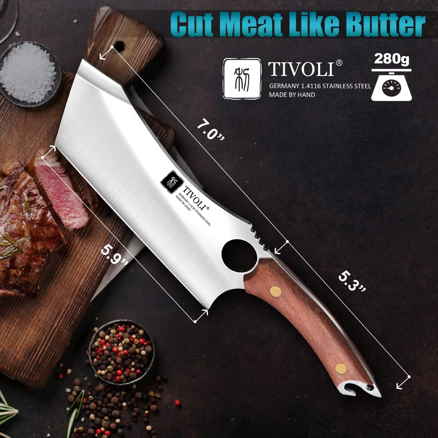 TIVOLI meat cleaver camping outdoor use evoking rugged versatility.