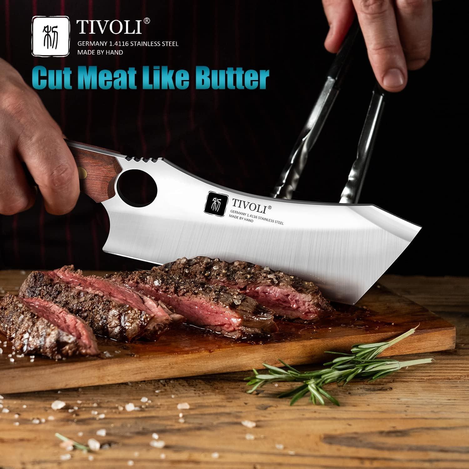 TIVOLI meat cleaver full-tang ergonomic handle for comfortable, ambidextrous grip.