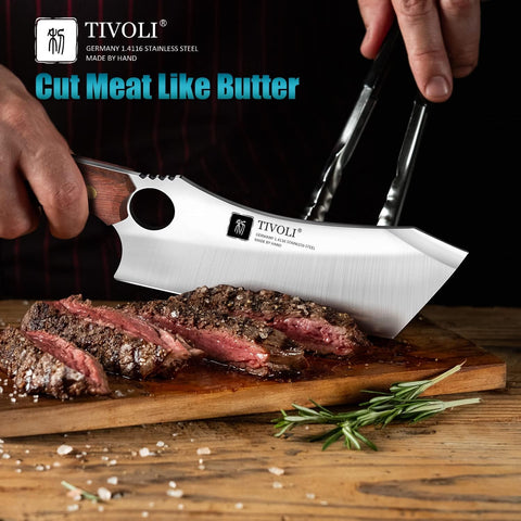 TIVOLI meat cleaver full-tang ergonomic handle for comfortable, ambidextrous grip.