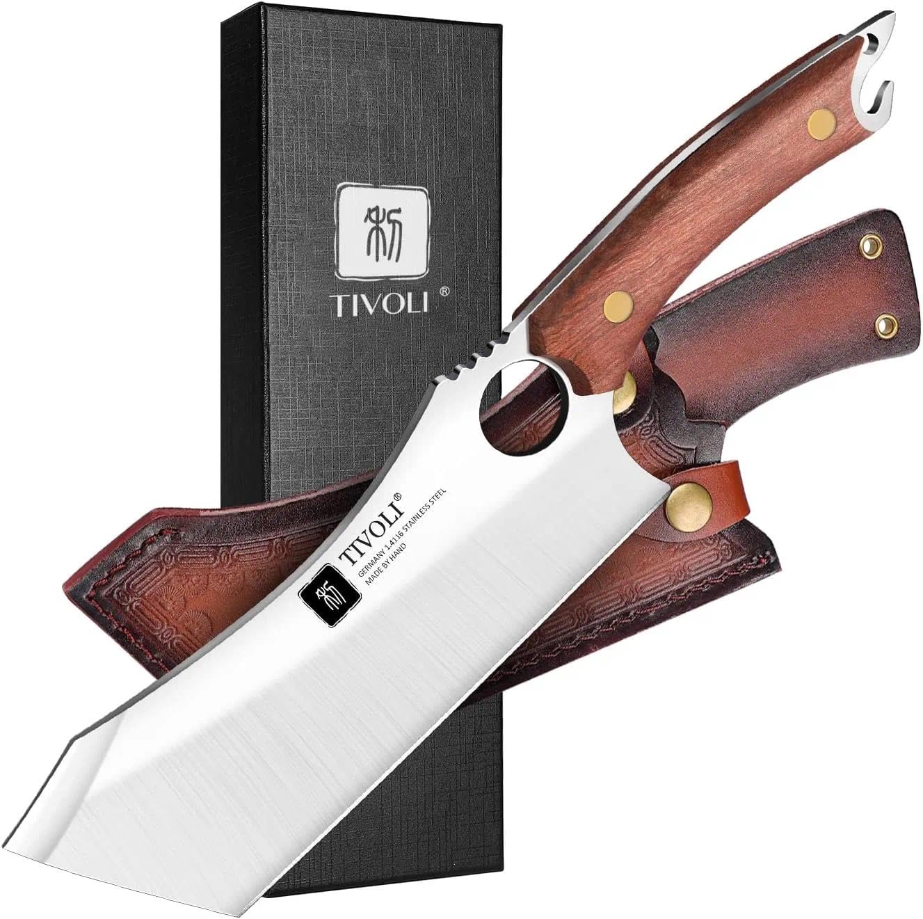 TIVOLI meat cleaver close-up with German steel, sharp edge for precision cuts.