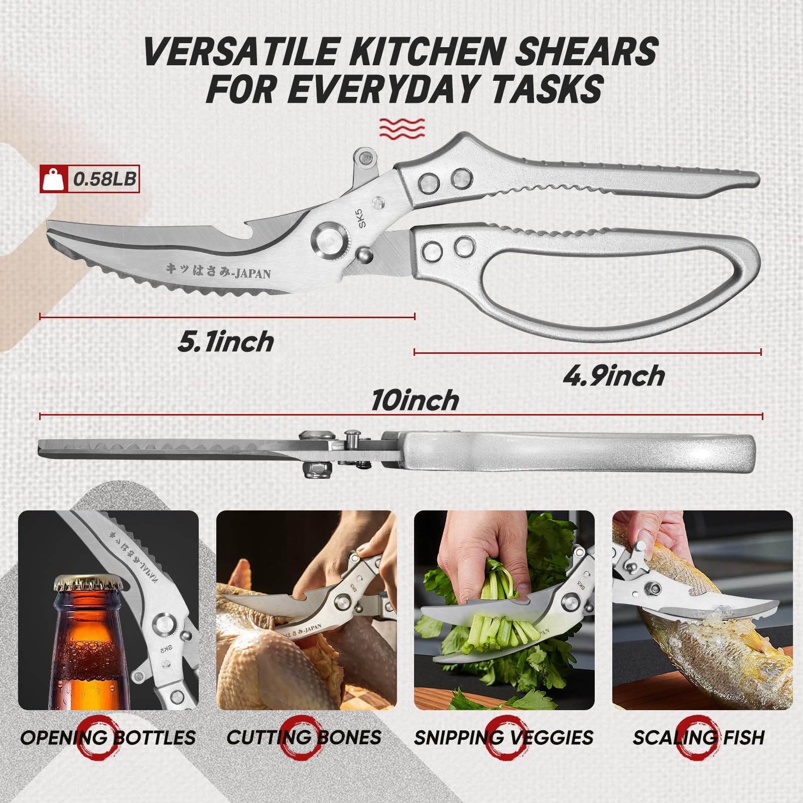TIVOLI poultry shears with bottle opener function for convenience.