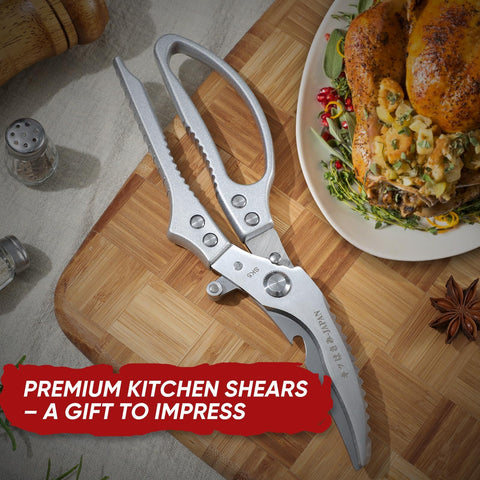 TIVOLI poultry shears with fish scaler feature for seafood prep.