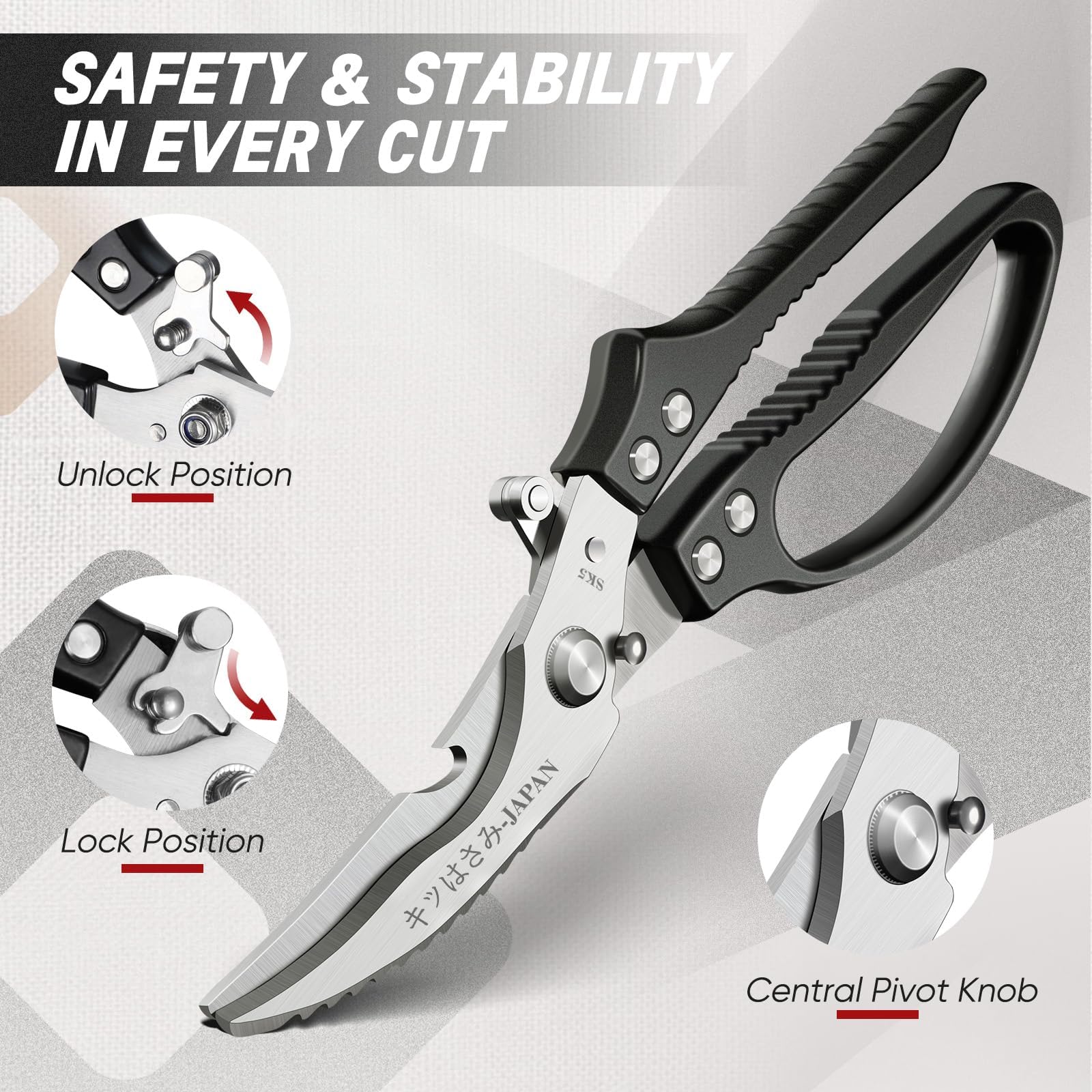 TIVOLI Poultry Shears safety lock keeps blades protected when stored.