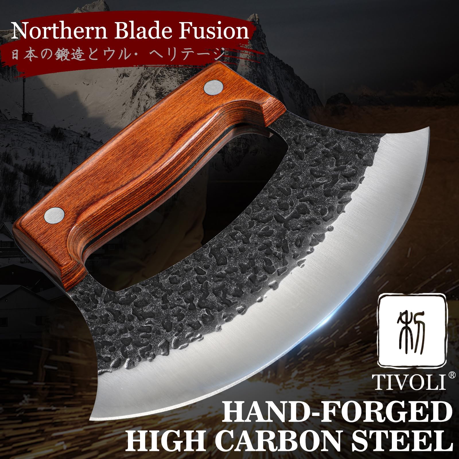 TIVOLI Ulu knife rosewood handle close-up showing ergonomic grip
