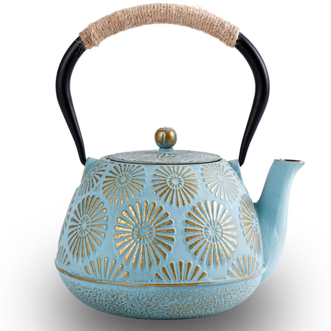 TiwisiTe Japanese Tetsubin teapot with blue and gold fireworks pattern for elegant tea service.