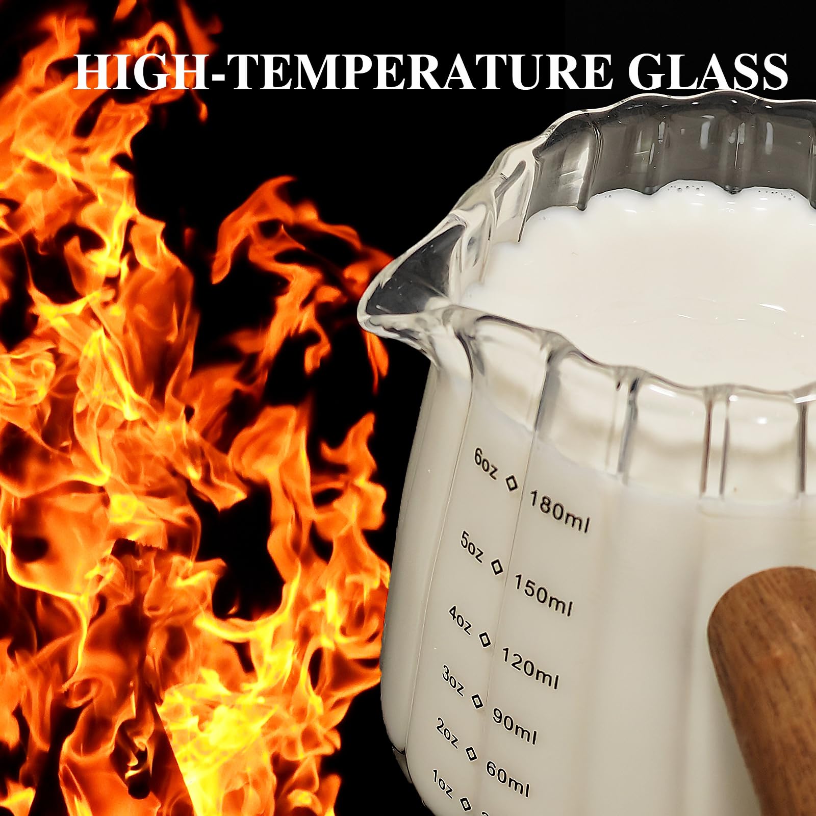 TIWPAJS milk frothing pitcher in glass for smooth microfoam.