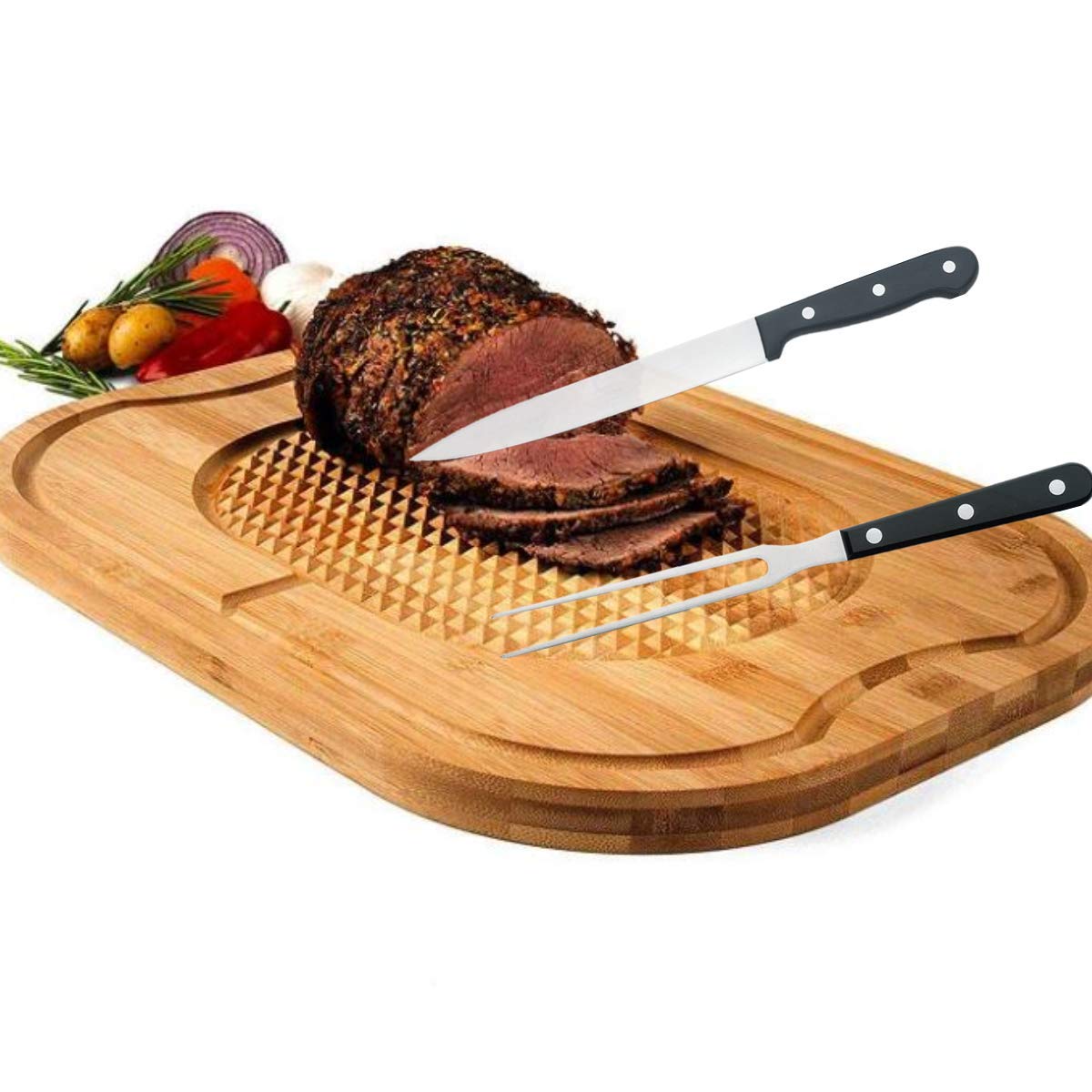 TIYOORTA gourmet carving knife and fork set on cutting board for holiday meal.