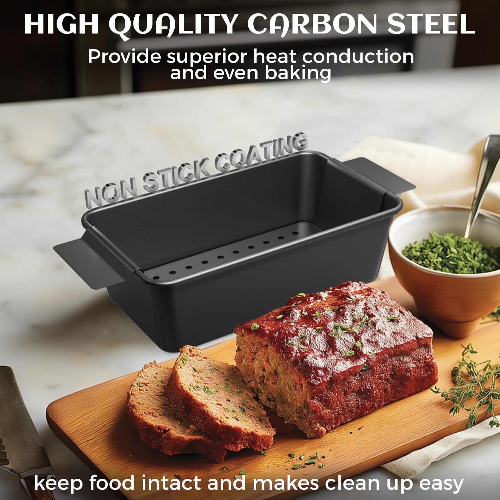 TLAZZ meatloaf pan with removable drain tray captures drippings for healthier results.